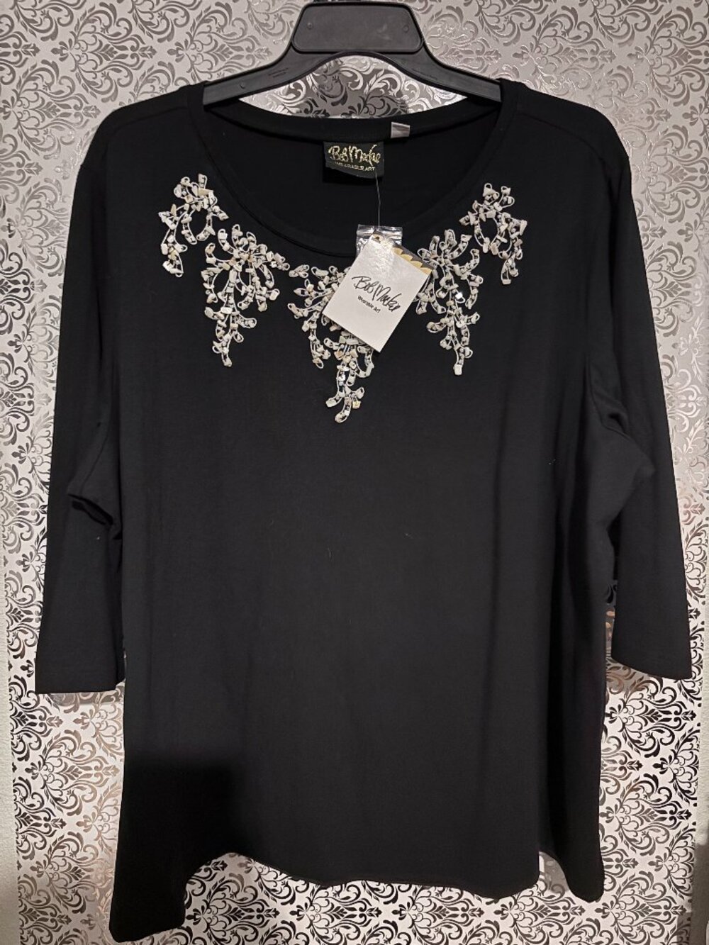 NWT Bob Mackie Wearable Art Seashell Conch Embroidered Black Top - 3XL Plus Size - Picture 1 of 3